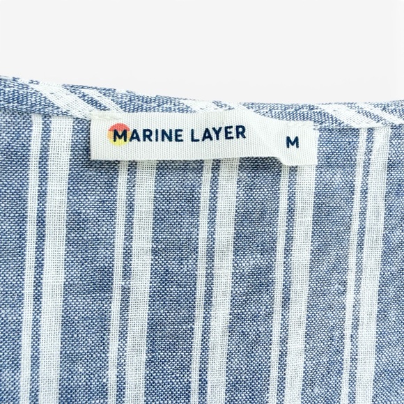 Marine Layer Frances Wrap Dress Blue Stripe White Linen Blend Tie Waist Womens M - Picture 9 of 13